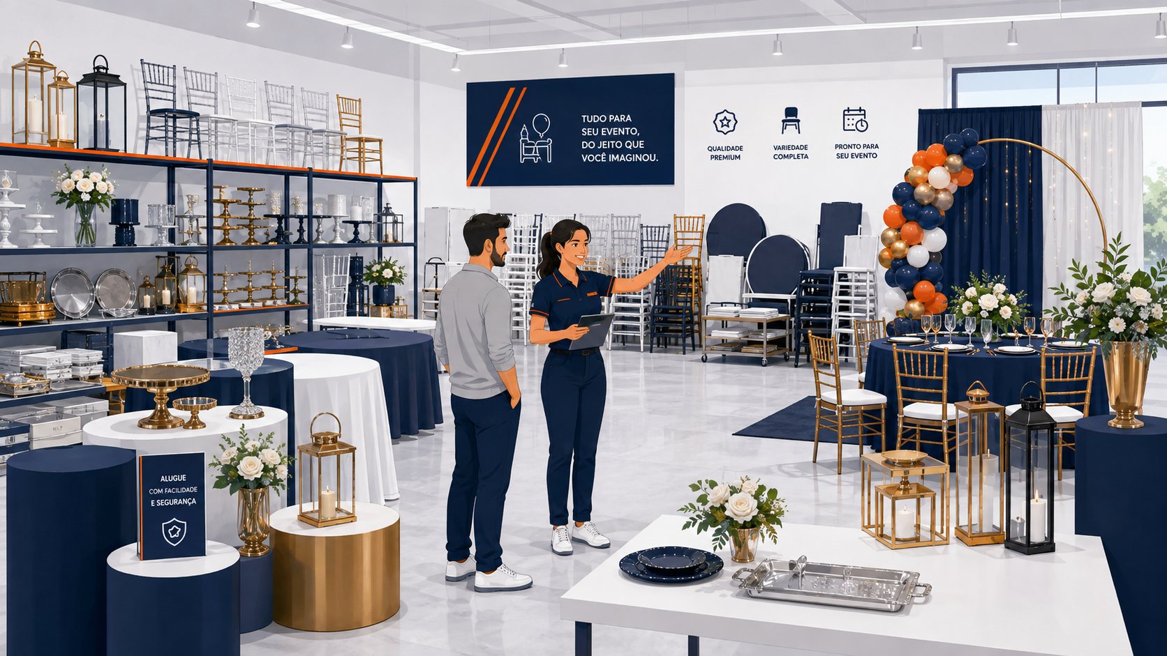 Showroom de empresa de locação para festas com mesas, cadeiras, louças e decoração montadas