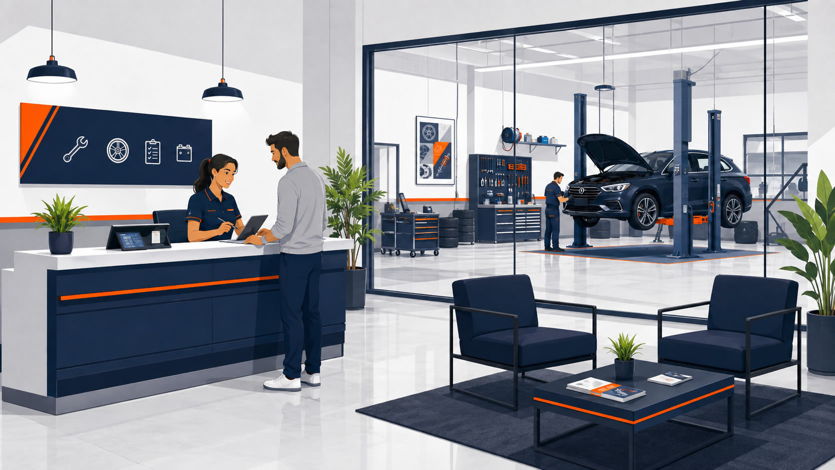 Auto center organizado, com equipe atendendo veículos