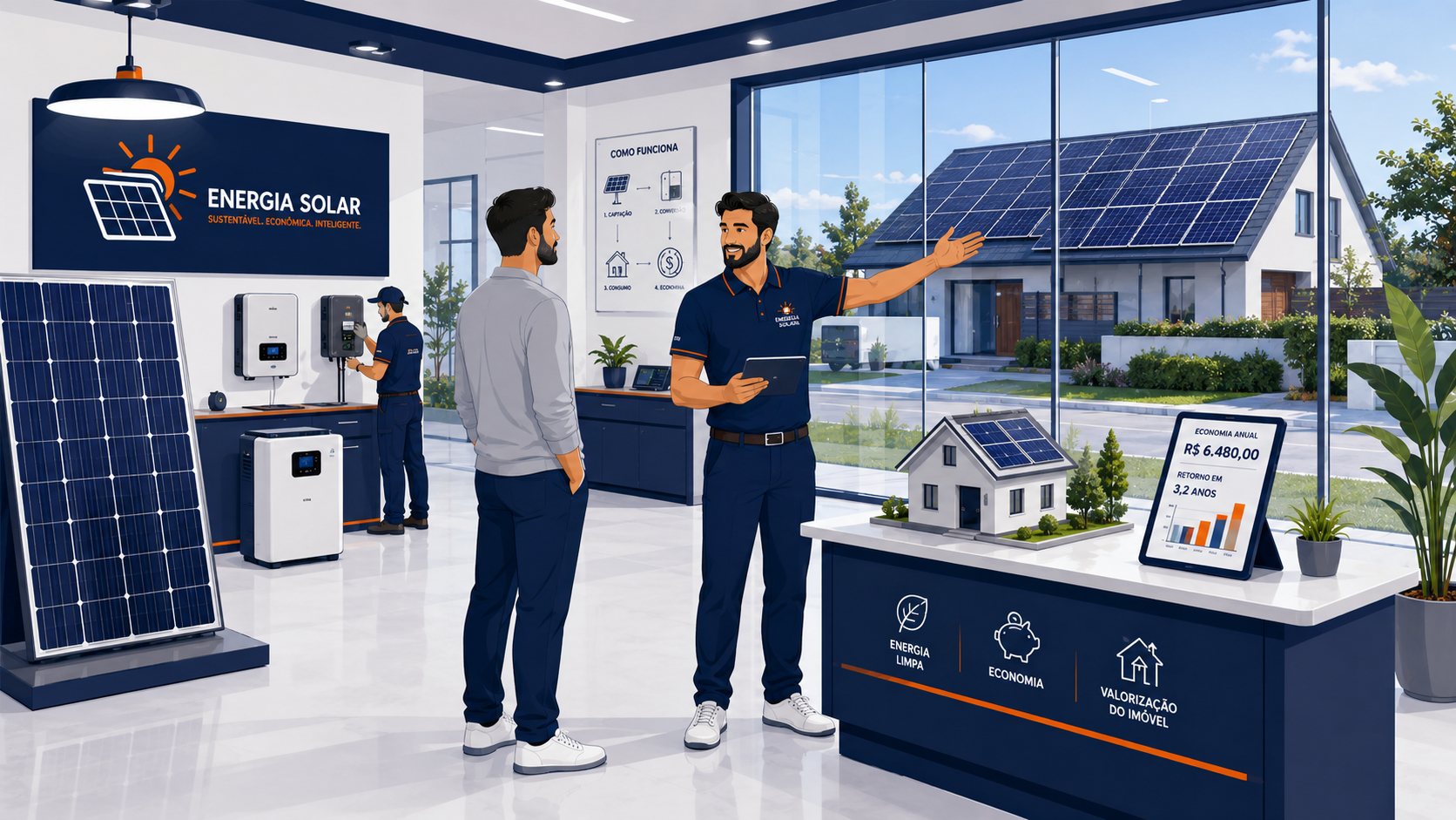 Consultor de energia solar apresentando simulação de economia a um cliente na loja