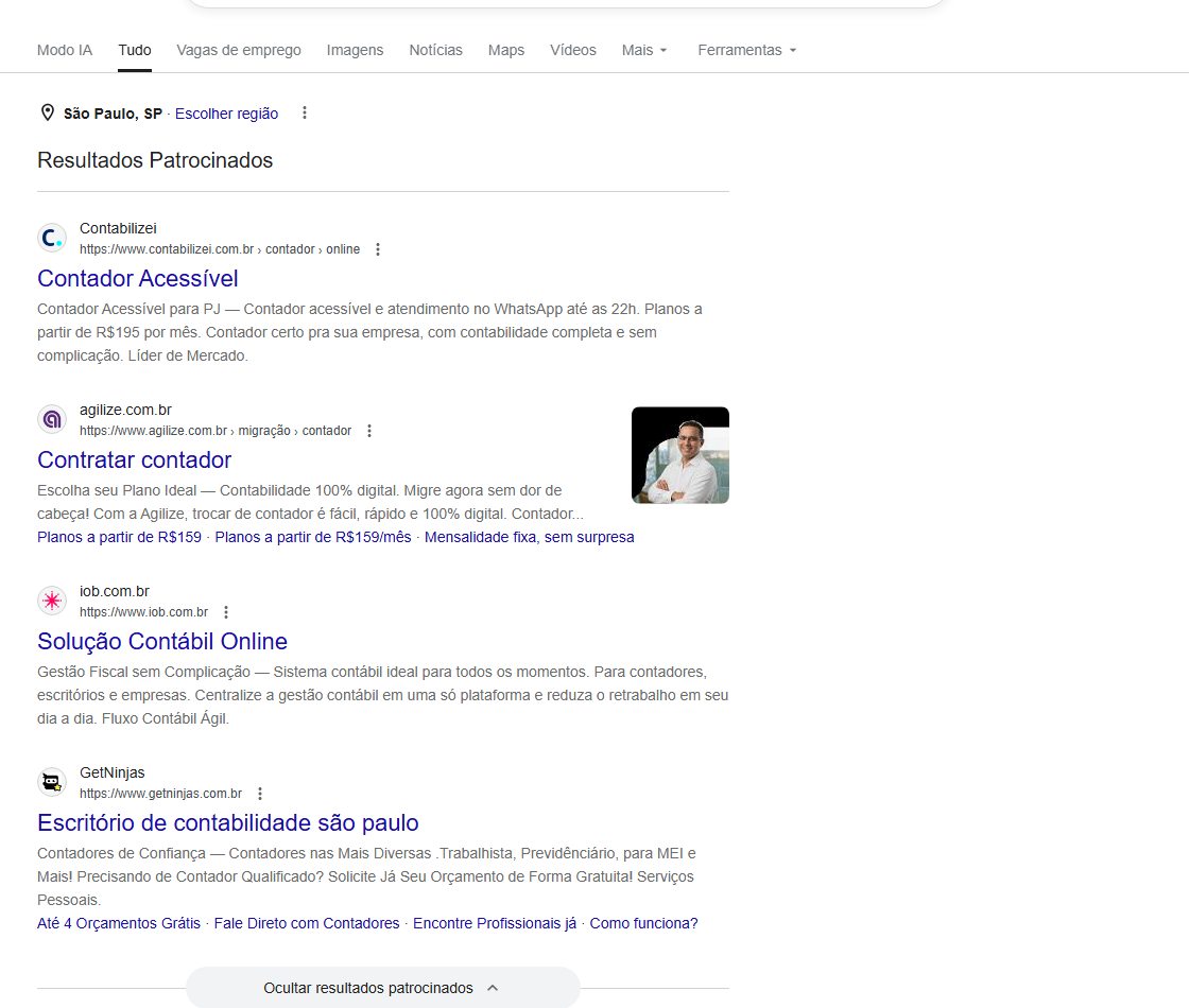 Exemplo de resultados patrocinados na busca do Google por contador em São Paulo