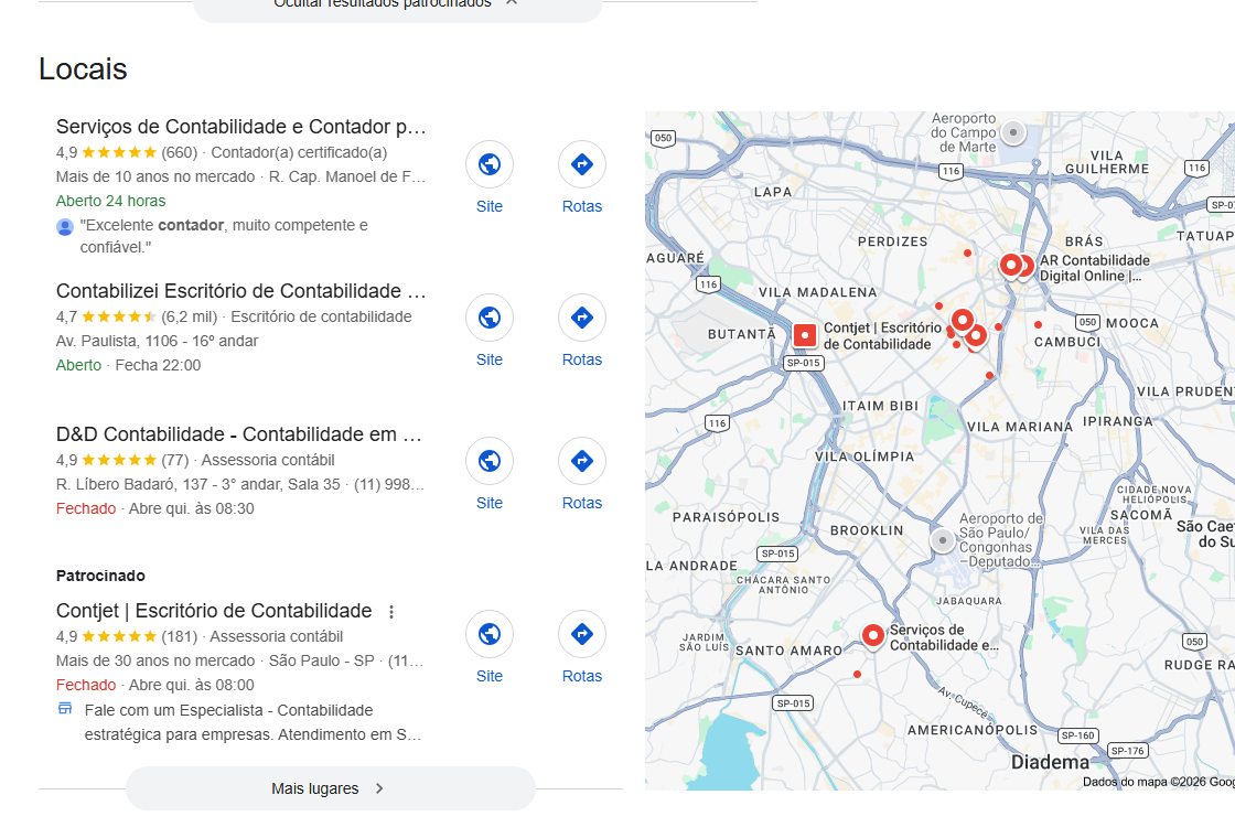 Exemplo do mapa e de empresas locais na busca do Google por contador em São Paulo