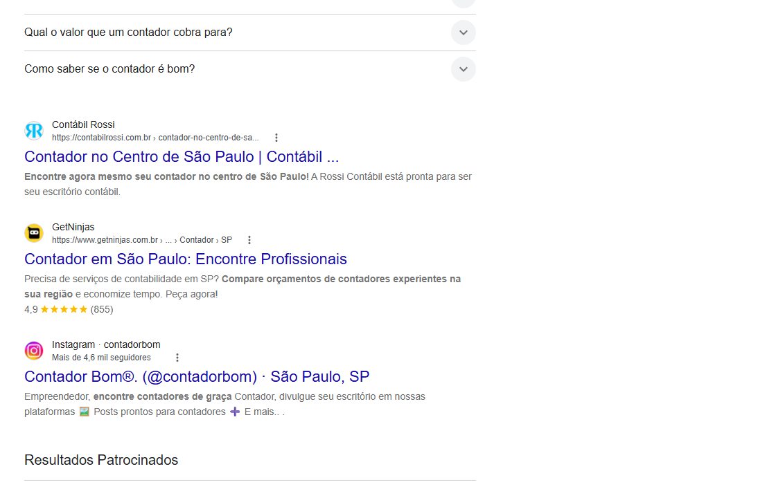 Exemplo de páginas encontradas organicamente na busca do Google por contador em São Paulo