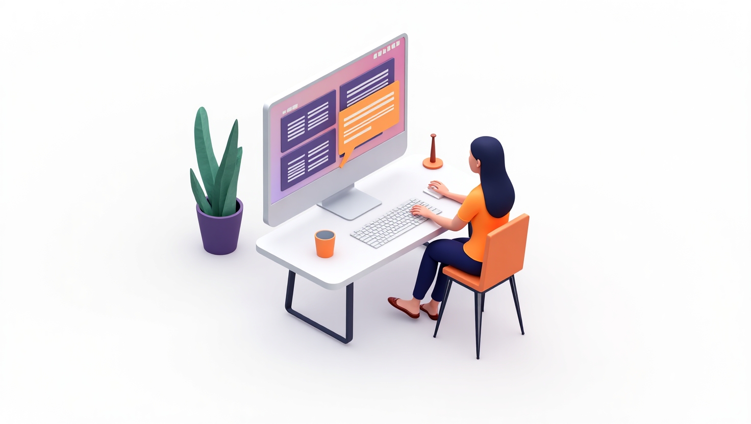 tela de computador mostrando um painel de blog com vários artigos agendados e uma pessoa ajustando detalhes na mesa de trabalho