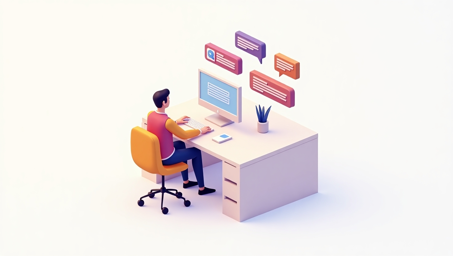 atendente em frente ao computador vendo conversas de clientes enquanto uma barra lateral mostra respostas automáticas sendo enviadas
