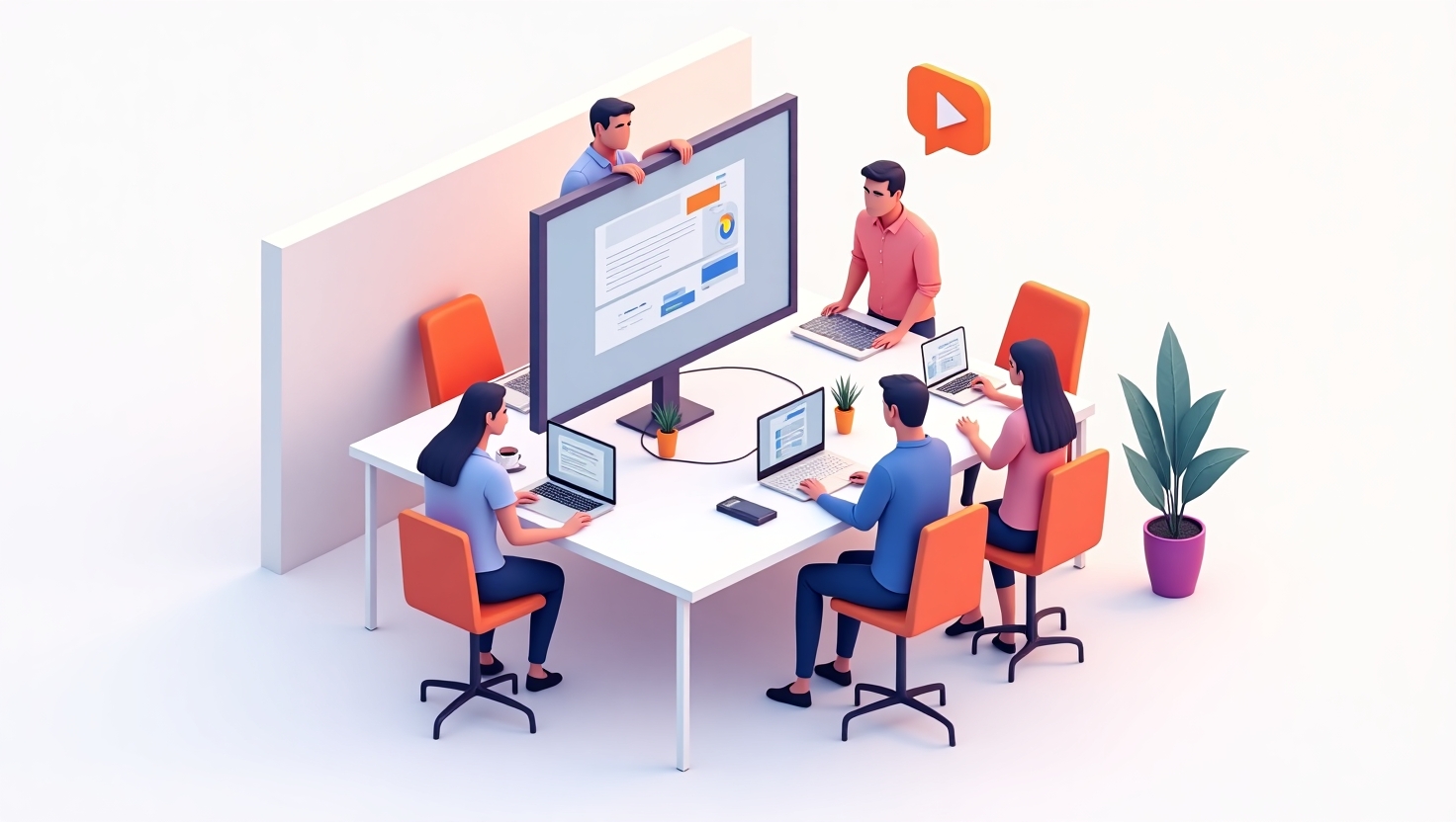 equipe de atendimento imobiliário reunida em frente a computadores analisando conversas de clientes