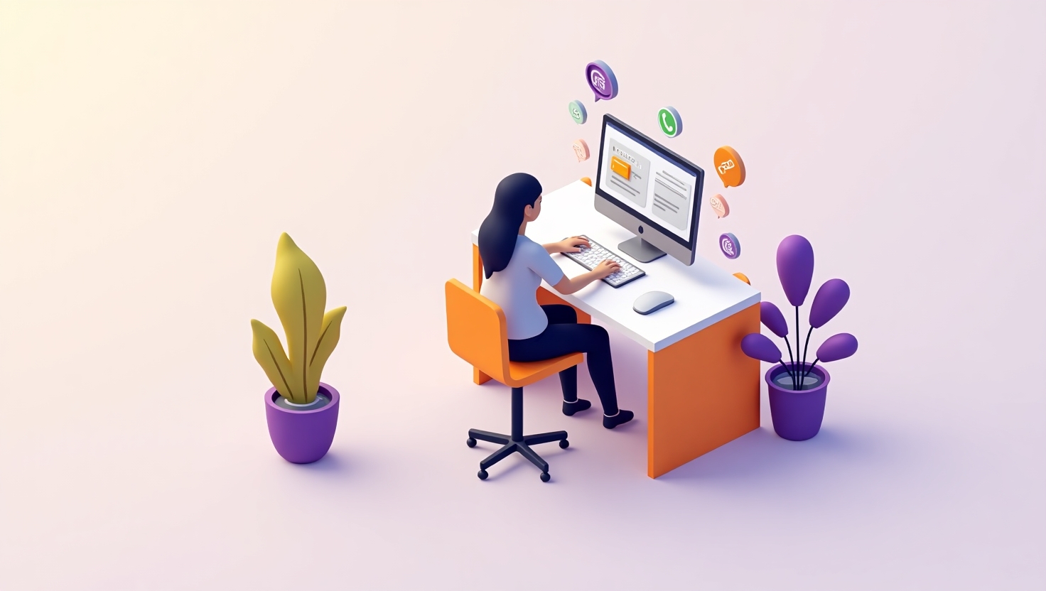 atendente em uma mesa de trabalho usando o WhatsApp no computador com um CRM aberto ao lado