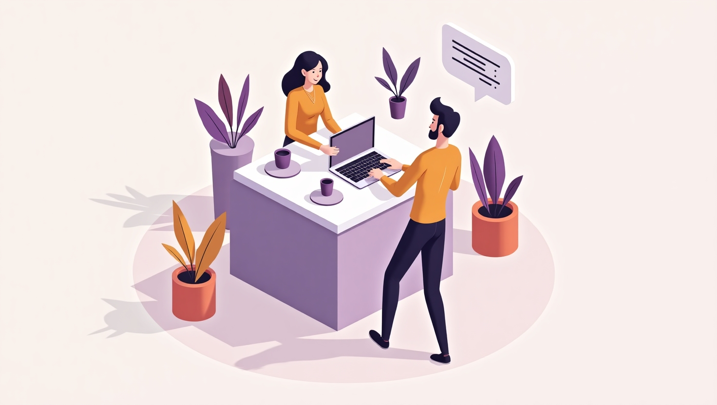 cliente em uma pequena loja conversando pelo notebook com um chat de atendimento aberto