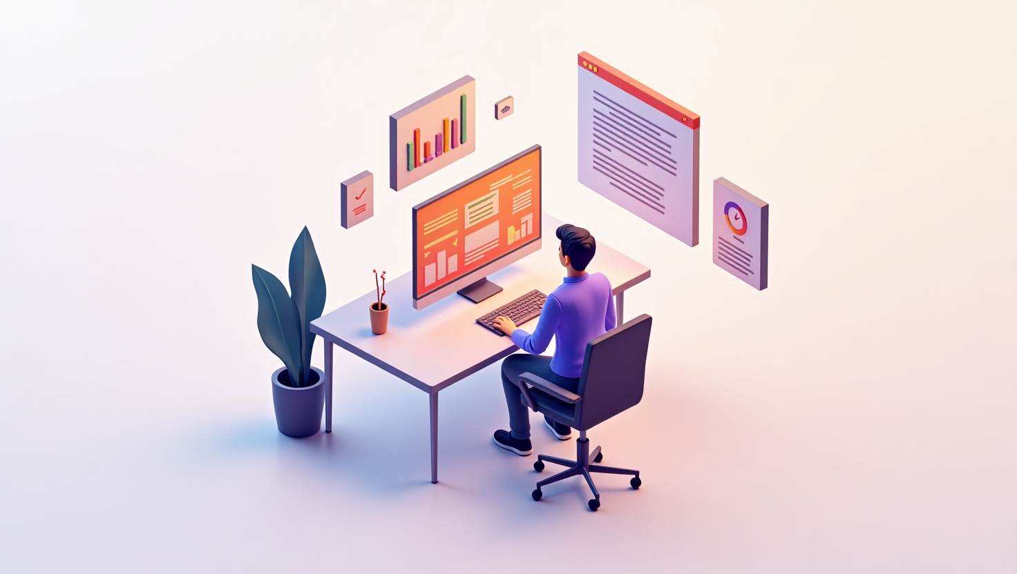 profissional de marketing em frente ao computador analisando um painel com gráficos enquanto um blog está aberto em outra tela
