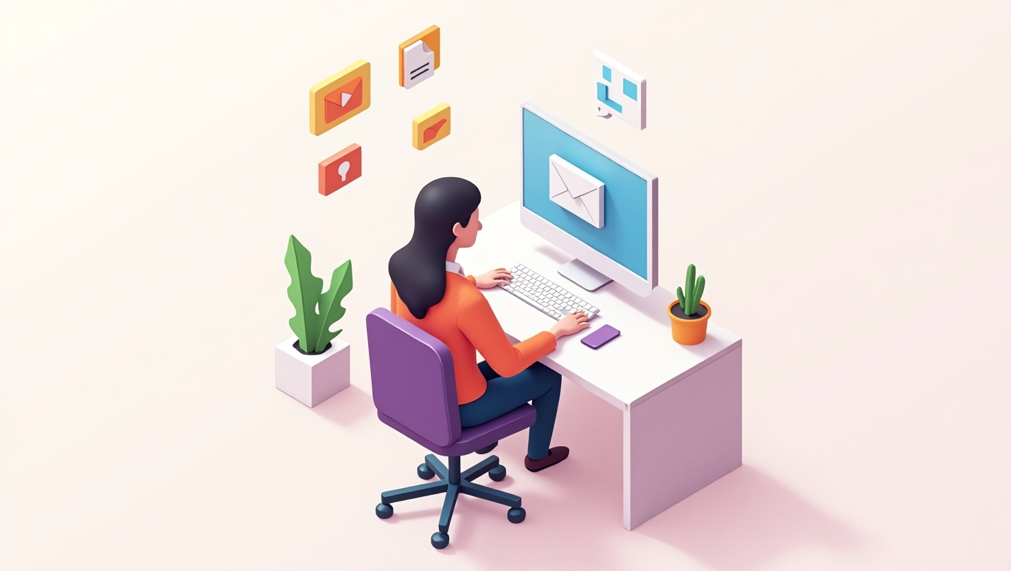 atendente em escritório acompanhando no computador os orçamentos sendo enviados automaticamente enquanto conversa ao telefone