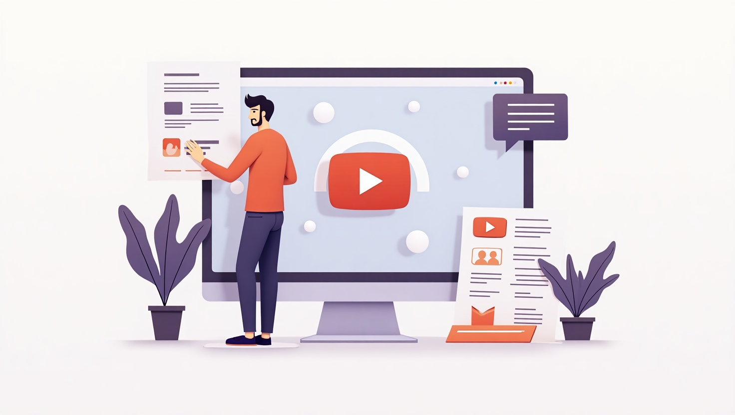 tela de computador mostrando um vídeo do YouTube aberto ao lado de um documento com vários textos organizados