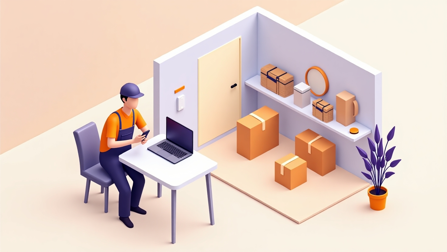 gestor em uma pequena sala administrativa de loja de materiais de construção olhando para o celular com um relatório simples enquanto ao fundo se vê o pátio com estoque de materiais