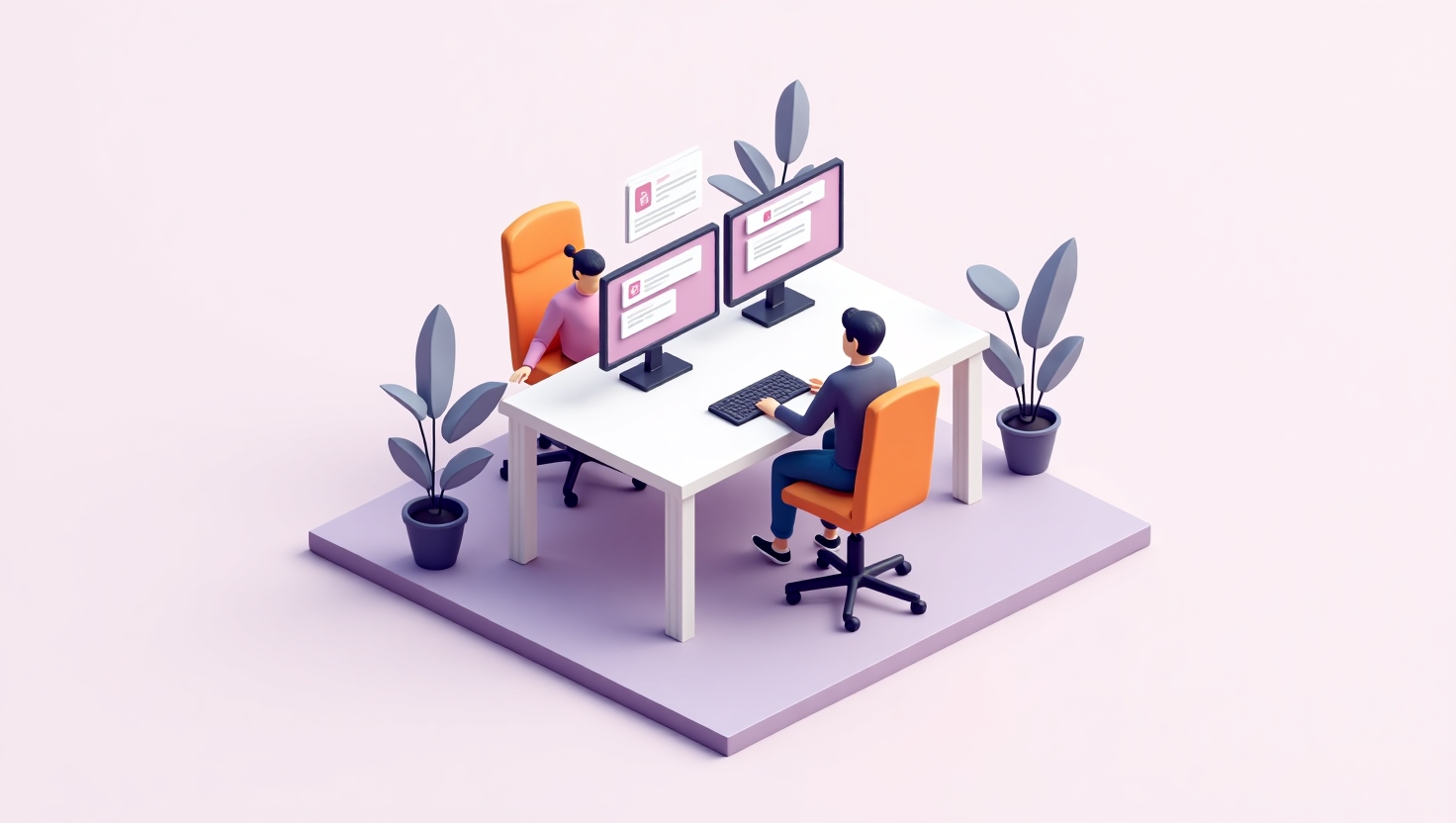 mesa de escritório com duas telas, uma mostrando um chat de mensagens e outra com um sistema de tarefas sendo atualizado automaticamente