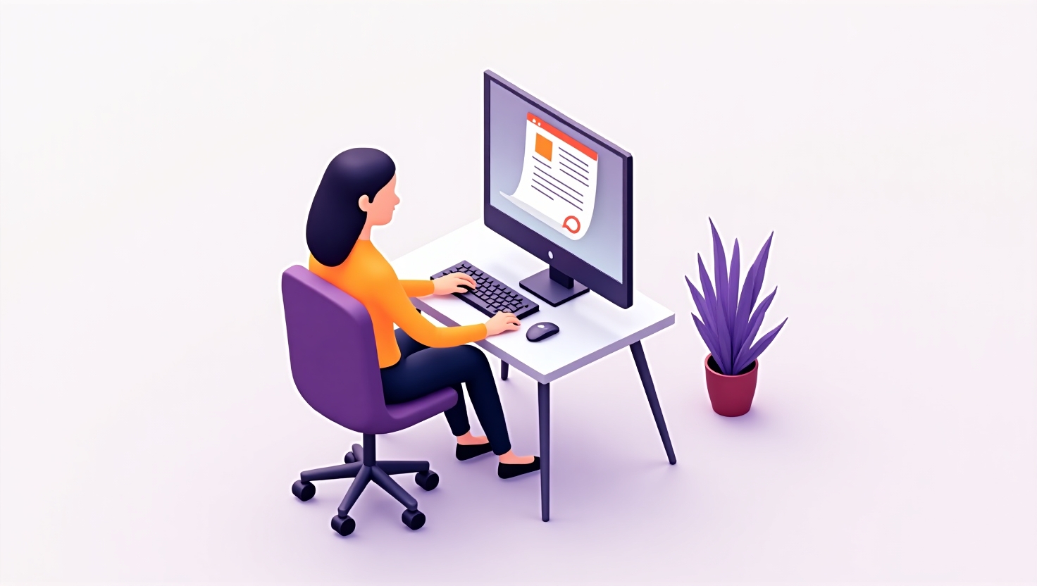 vendedora em frente ao computador revisando uma proposta comercial pronta na tela de um editor de documentos