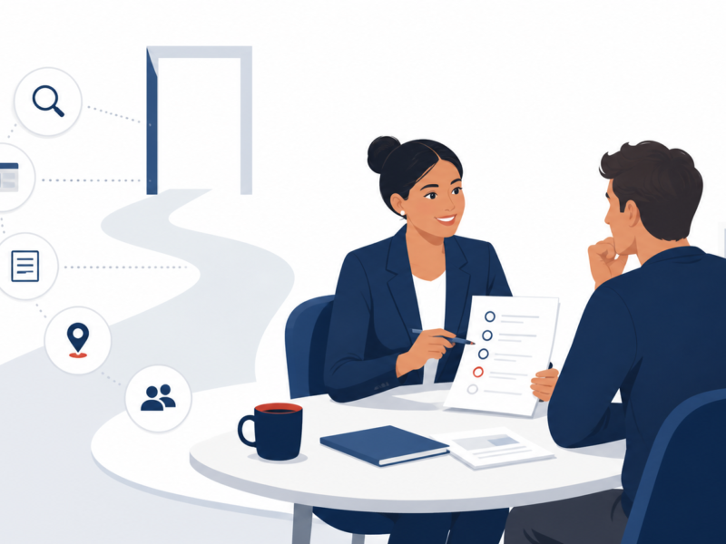 Ilustração editorial de profissional de contabilidade conversando com uma empresária em uma mesa de trabalho.