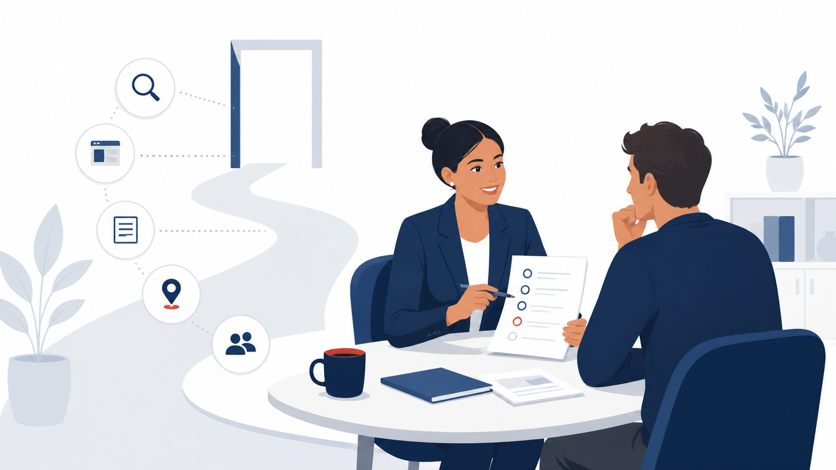 Ilustração editorial de profissional de contabilidade conversando com uma empresária em uma mesa de trabalho.