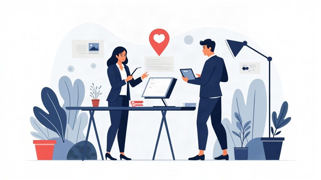Ilustração editorial de uma empresa de dedetização avaliando critérios para escolher uma agência de marketing.