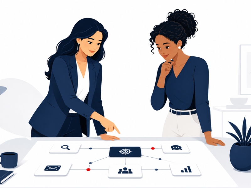 Ilustração editorial de profissionais planejando marketing digital para uma empresa em Campo Grande-MS.