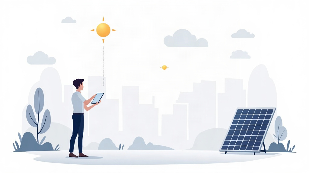 Ilustração editorial de uma empresa de energia solar organizando canais para captar clientes e acompanhar oportunidades.