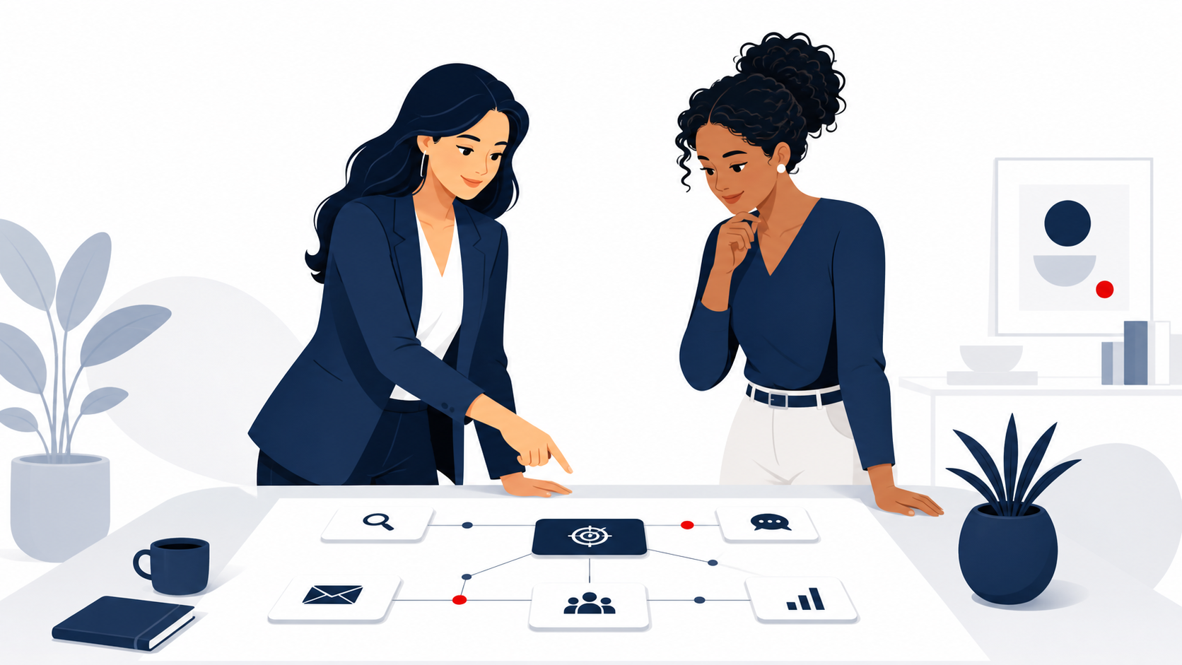 Ilustração editorial de profissionais planejando marketing digital para uma empresa em Campo Grande-MS.