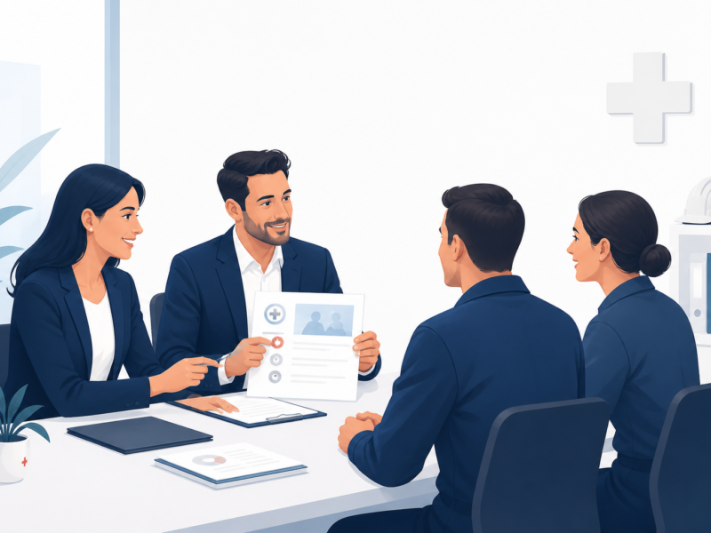 Ilustração editorial de profissionais planejando a aquisição de clientes B2B para uma empresa de medicina do trabalho.