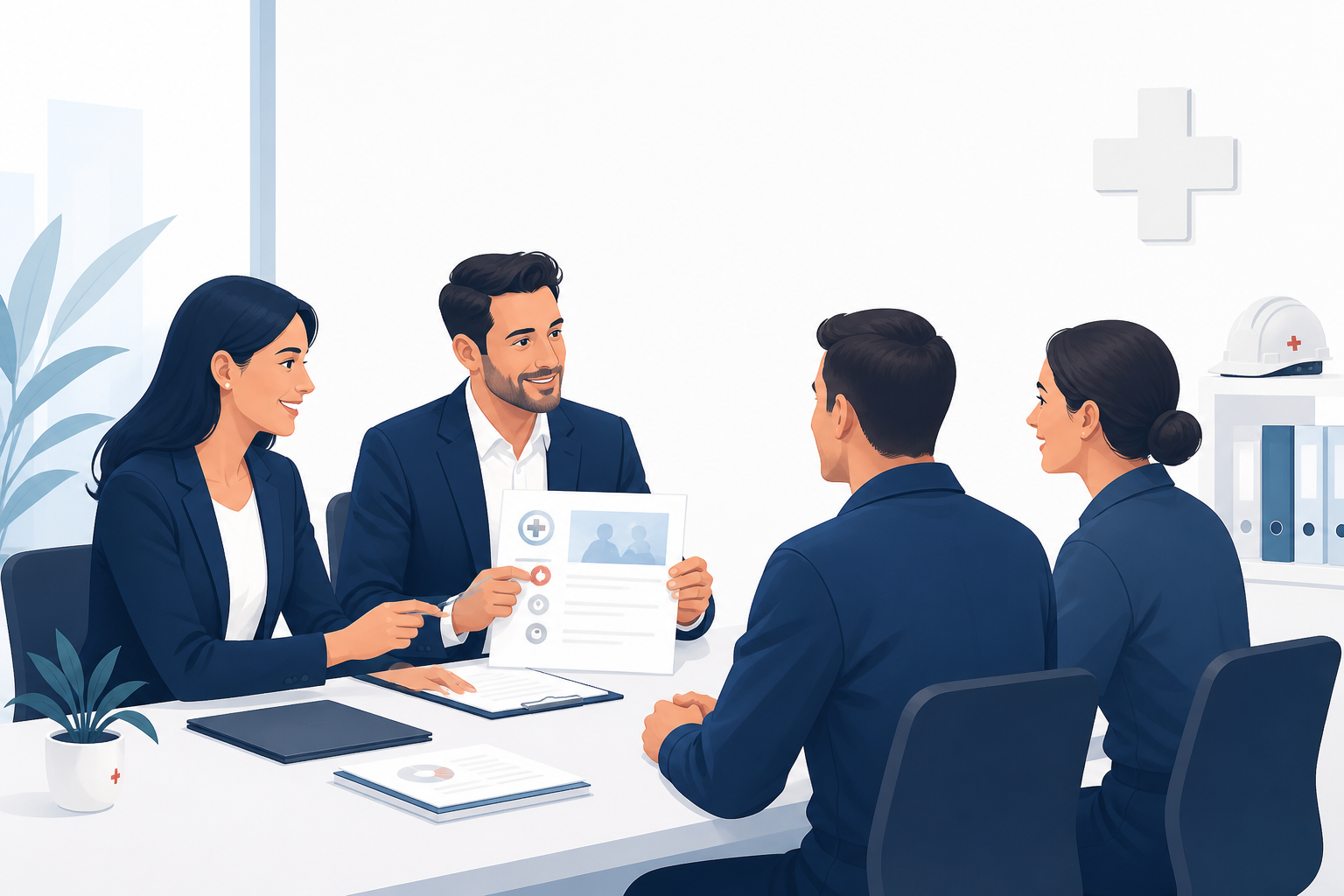 Ilustração editorial de profissionais planejando a aquisição de clientes B2B para uma empresa de medicina do trabalho.