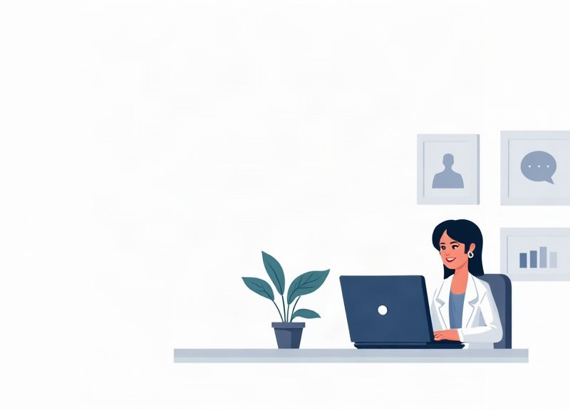 Ilustração editorial de uma psicóloga em um consultório claro, sentada ao lado de um notebook com formas abstratas de interface e uma pequena planta.