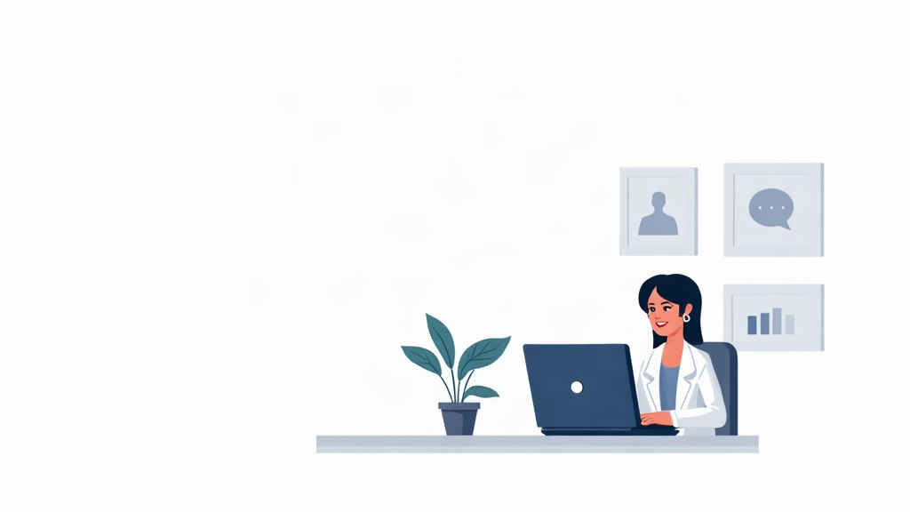 Ilustração editorial de uma psicóloga em um consultório claro, sentada ao lado de um notebook com formas abstratas de interface e uma pequena planta.