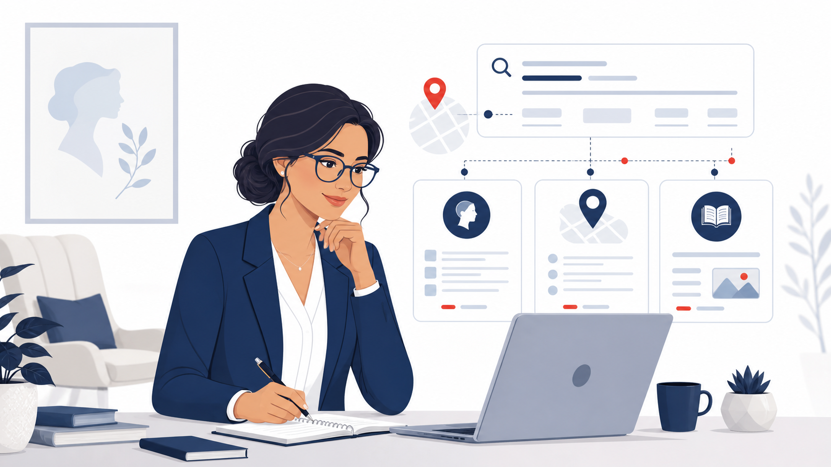 Ilustração editorial sobre SEO para psicólogos e presença no Google