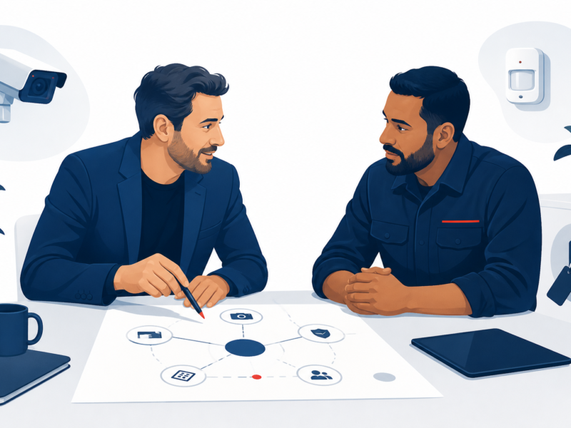 Ilustração editorial de dois profissionais analisando uma jornada de marketing para uma empresa de segurança eletrônica
