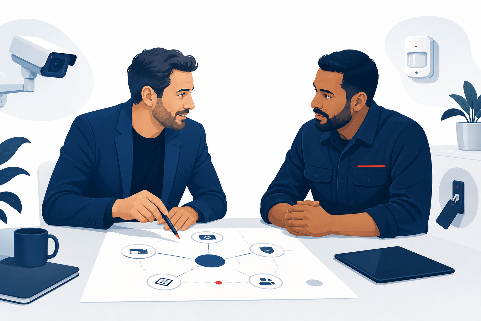Ilustração editorial de dois profissionais analisando uma jornada de marketing para uma empresa de segurança eletrônica