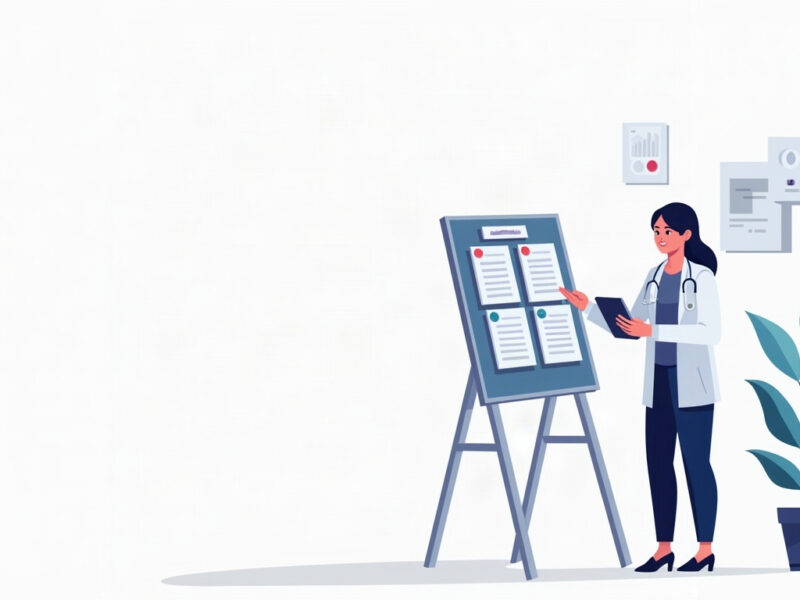 Ilustração editorial de uma psicóloga comparando critérios para escolher uma agência de marketing.
