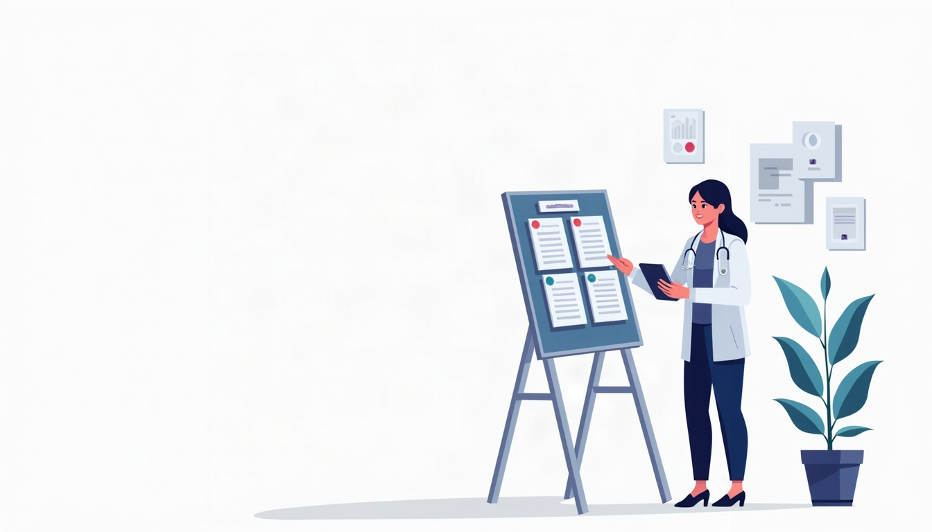 Ilustração editorial de uma psicóloga comparando critérios para escolher uma agência de marketing.