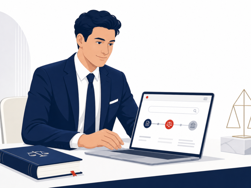 Advogados analisam uma estratégia digital com site, busca, conteúdo e contato em uma ilustração editorial.