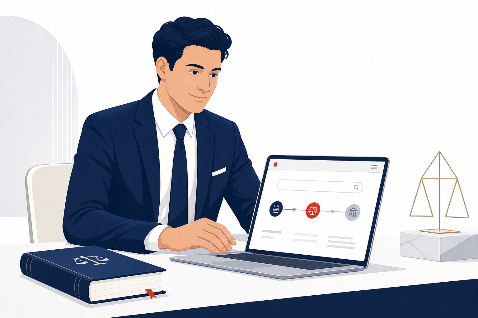 Advogados analisam uma estratégia digital com site, busca, conteúdo e contato em uma ilustração editorial.