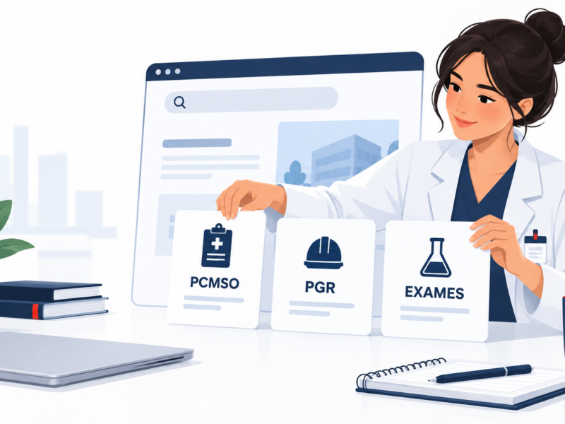 Ilustração de profissional de saúde ocupacional organizando páginas de PCMSO, PGR e exames para uma estratégia de SEO.