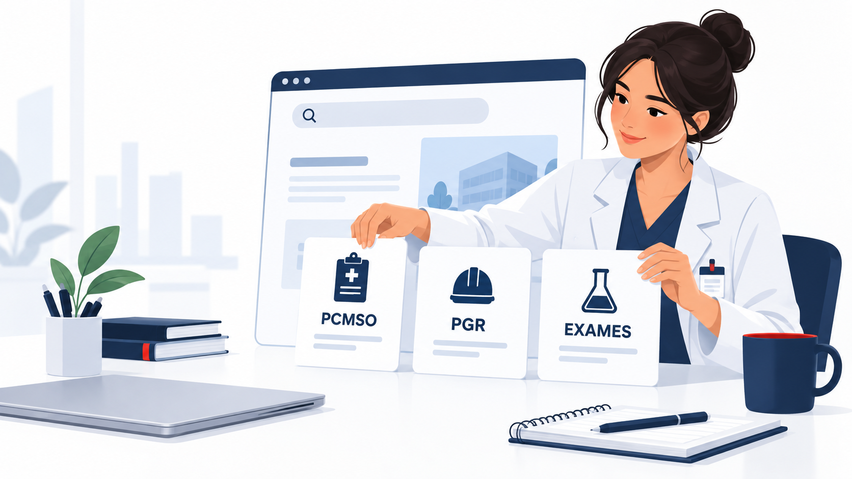 Ilustração de profissional de saúde ocupacional organizando páginas de PCMSO, PGR e exames para uma estratégia de SEO.
