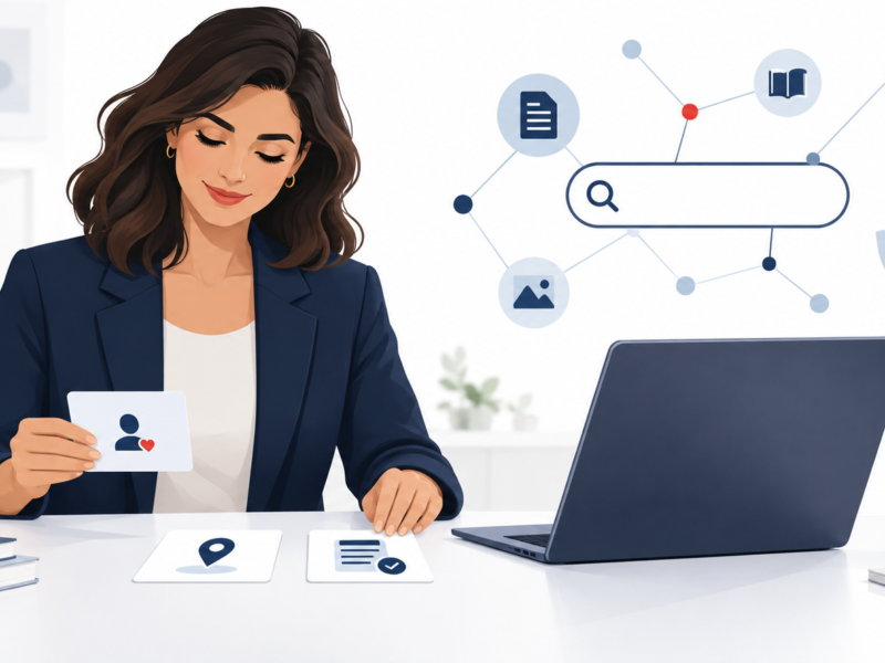 Ilustração editorial de uma psicóloga organizando conteúdo, fontes e informações profissionais para buscas com inteligência artificial.