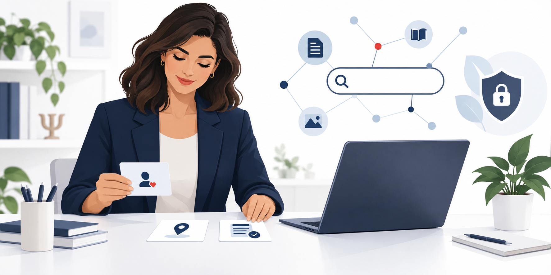 Ilustração editorial de uma psicóloga organizando conteúdo, fontes e informações profissionais para buscas com inteligência artificial.