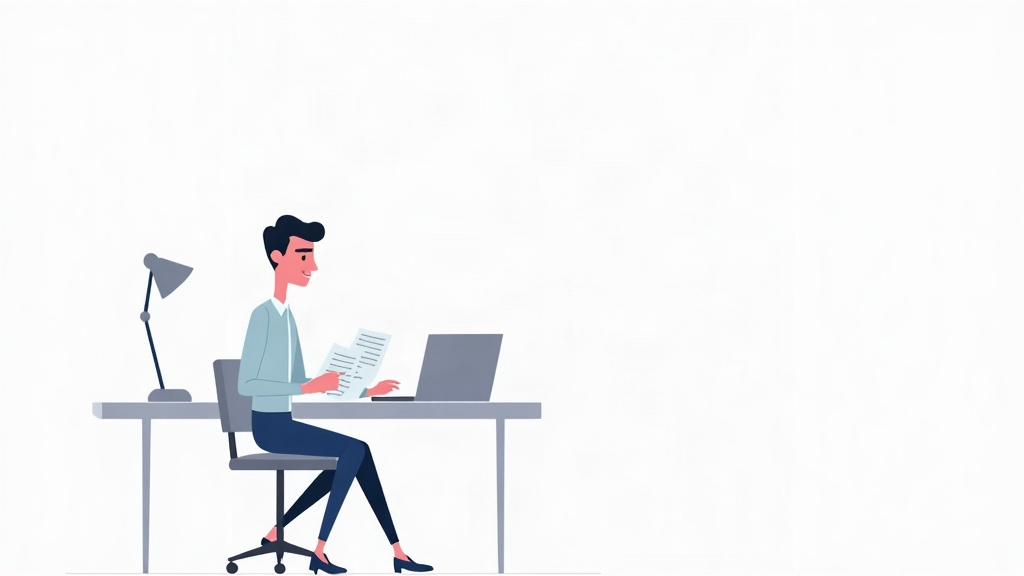 Ilustração editorial de equipe humana revisando conteúdo criado com inteligência artificial para SEO, com fontes, briefing e links organizados.
