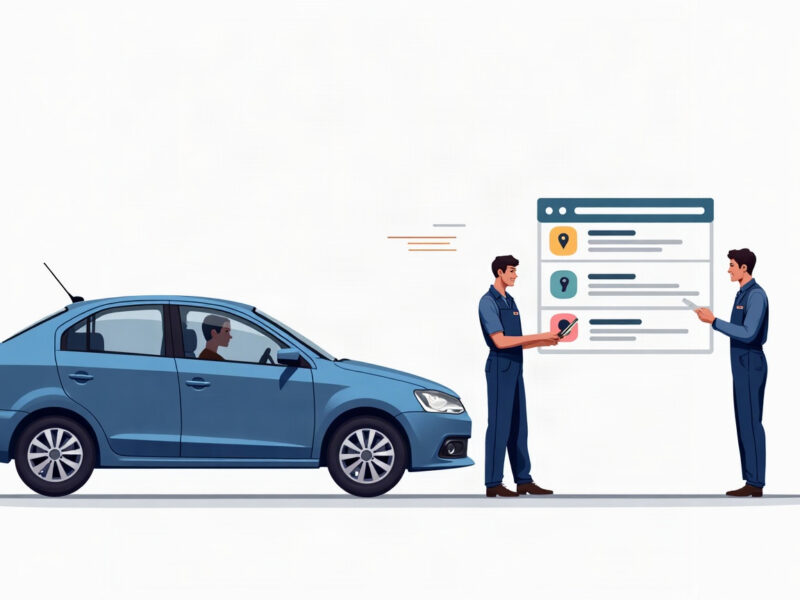Ilustração de uma oficina mecânica com mecânico, carro e elementos de busca local por serviços automotivos