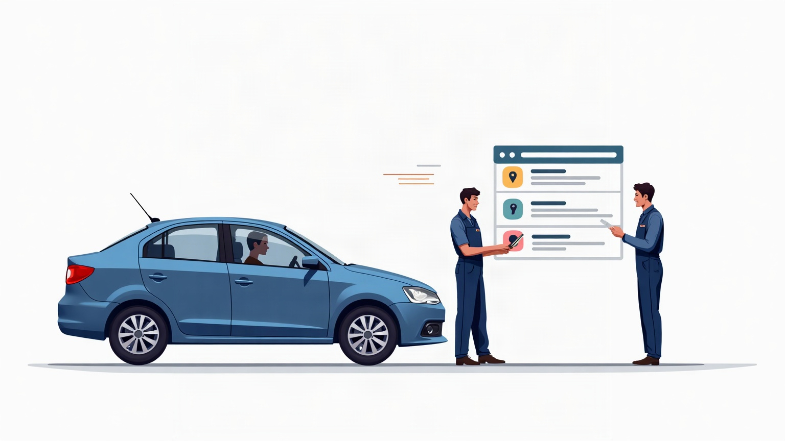 Ilustração de uma oficina mecânica com mecânico, carro e elementos de busca local por serviços automotivos