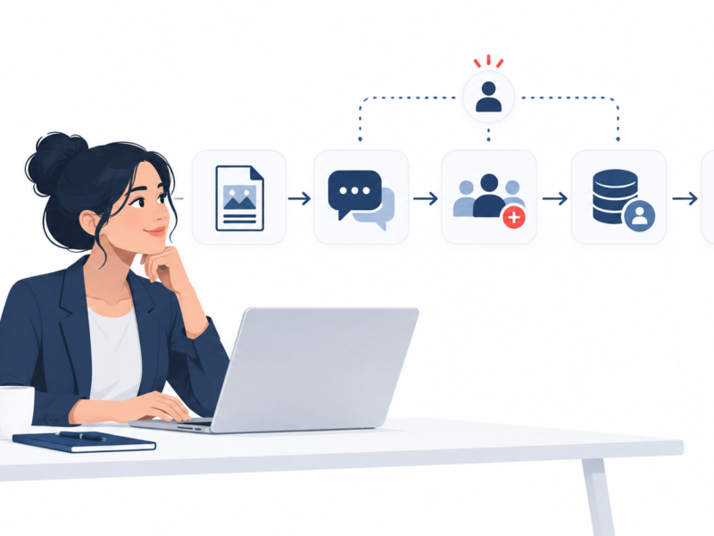 Ilustração editorial de uma pessoa organizando tarefas de conteúdo, atendimento, leads, relatórios e campanhas com apoio de inteligência artificial, em ambiente claro com elementos azul-marinho e detalhe vermelho discreto.