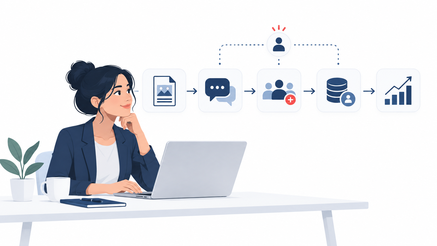 Ilustração editorial de uma pessoa organizando tarefas de conteúdo, atendimento, leads, relatórios e campanhas com apoio de inteligência artificial, em ambiente claro com elementos azul-marinho e detalhe vermelho discreto.