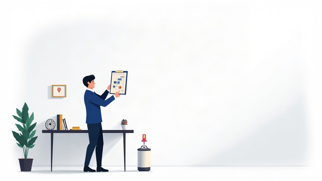 IlustraÃ§Ã£o editorial de uma dedetizadora planejando o orÃ§amento de anÃºncios para serviÃ§os locais de controle de pragas.