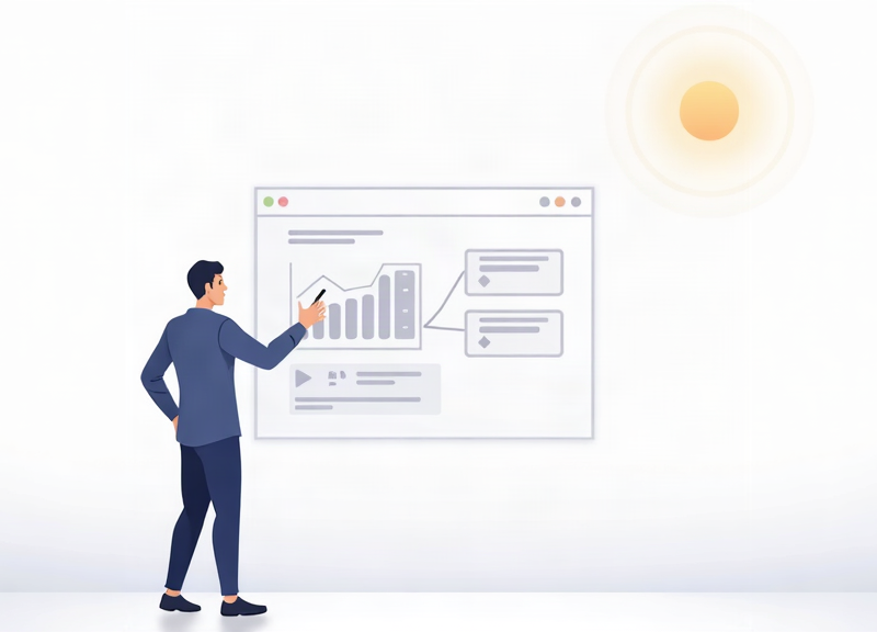 Ilustração editorial de uma profissional organizando páginas de SEO para uma integradora solar por serviço, região e perfil de cliente.