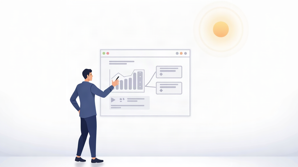 Ilustração editorial de uma profissional organizando páginas de SEO para uma integradora solar por serviço, região e perfil de cliente.