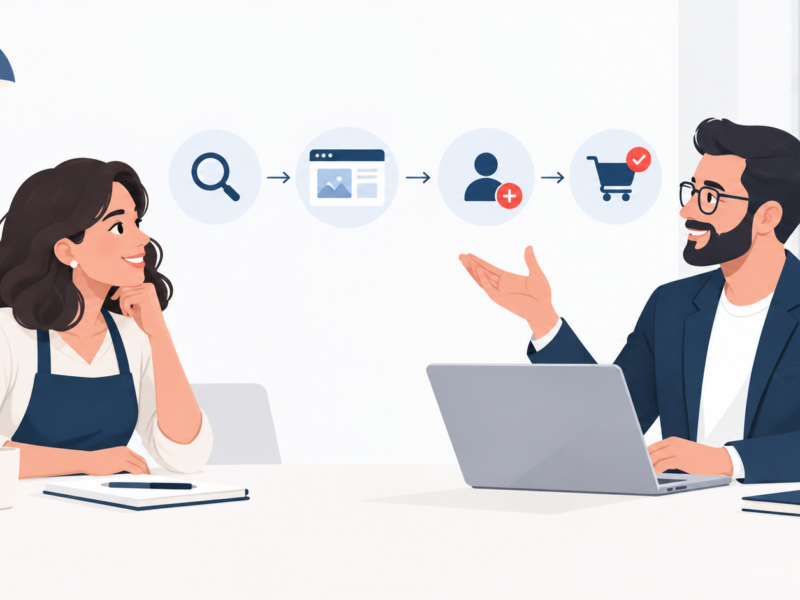 Ilustração editorial de empresário e profissional de marketing organizando site, anúncios, conteúdo, CRM e mensuração.