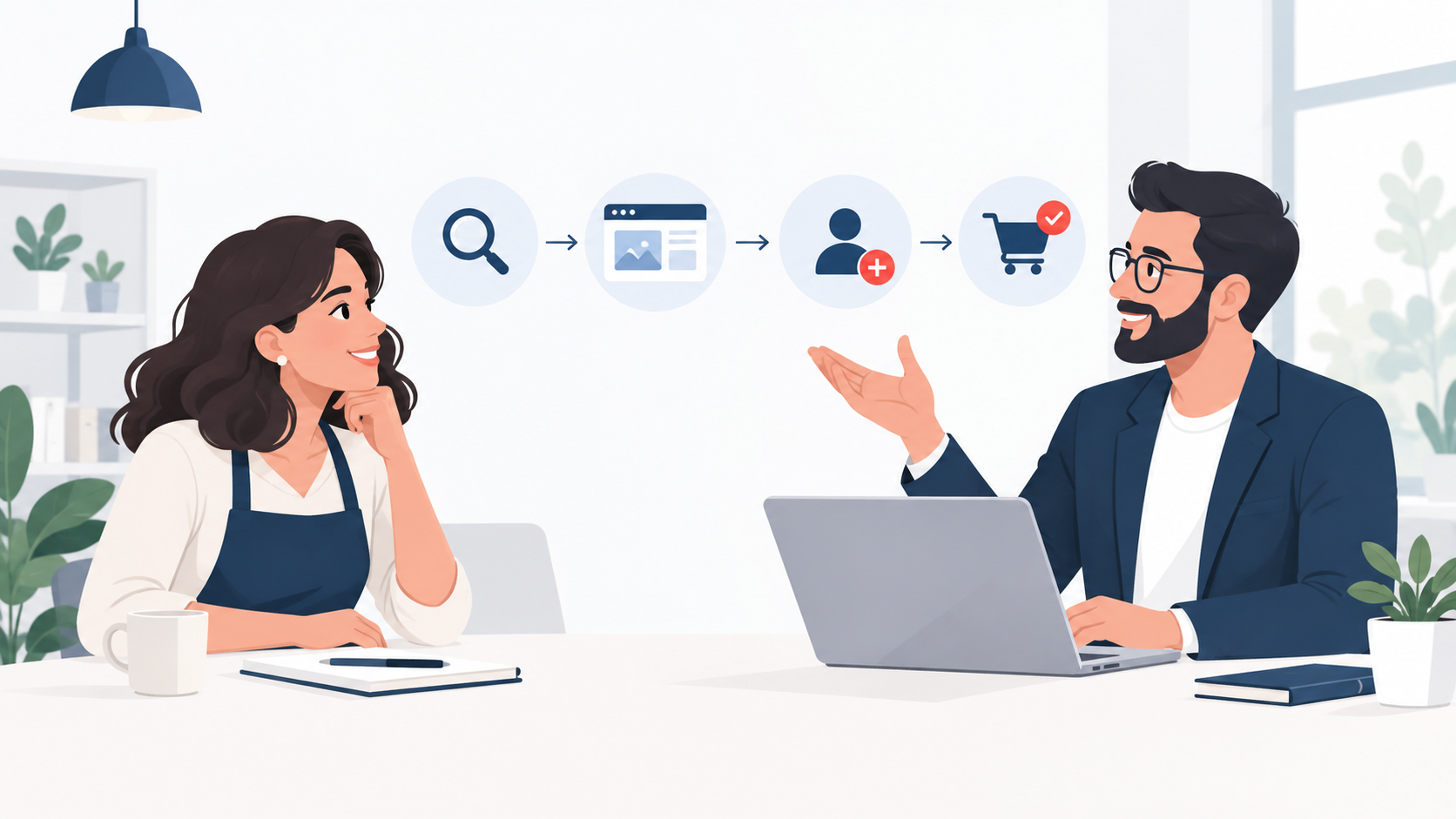 Ilustração editorial de empresário e profissional de marketing organizando site, anúncios, conteúdo, CRM e mensuração.