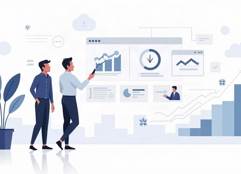 Ilustração editorial de um profissional de marketing e uma empresária revisando um fluxo de SEO com busca, cartões de conteúdo e links internos.