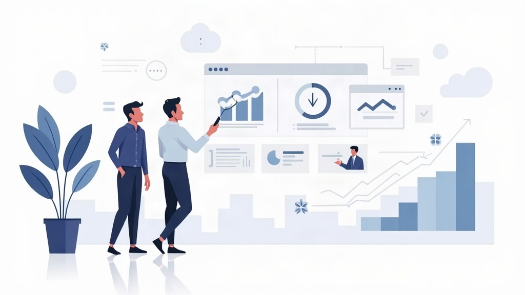 Ilustração editorial de um profissional de marketing e uma empresária revisando um fluxo de SEO com busca, cartões de conteúdo e links internos.